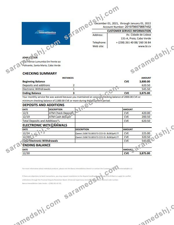 Cabo Verde Banco Inter-Atlântico bank statement Excel and PDF template (AutoSum)